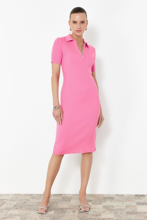 Trendyol Pink Plain Midi Polo Neck Knitwear Dress