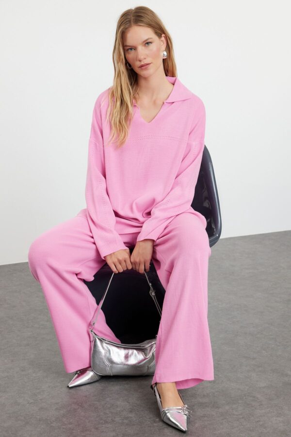 Trendyol Pink Polo Neck Knitwear Sweater Trousers Bottom-Top Set