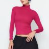 Trendyol Pink Premium puha szövet garbó Fitted/Flexible kötött blúz