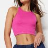 Trendyol Pink Seamless Fitted Barbell Neck Crop Stretch Knitted Blouse