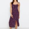 Trendyol Pink Straight Cut Midi Woven Straps Sweetheart Neckline Patterned Dress