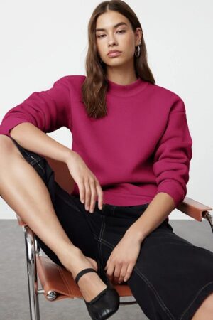 Trendyol Pink Thick Polar Fleece Half Turtleneck Relaxed/Comfortable Pattern Knitted Sweatshirt
