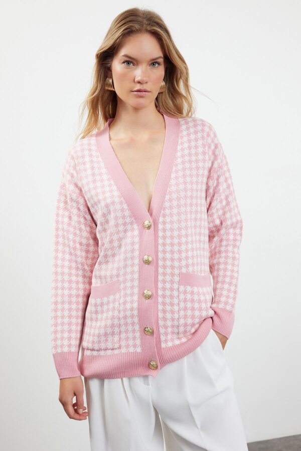 Trendyol Pink Wide Fit Houndstooth Knitwear Cardigan