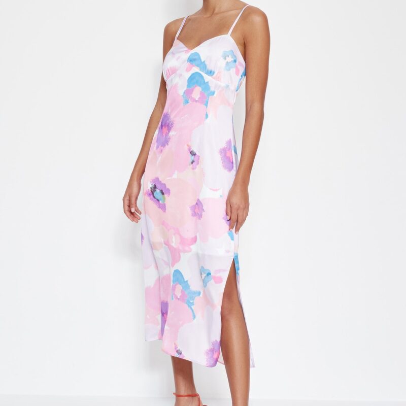 Trendyol Pink Woven Straps Satin Midi Woven Dress