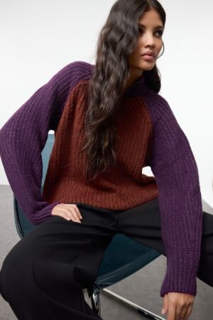 Trendyol Plum Color Block Zippered Knitwear Sweater