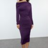 Trendyol Plum Fitted/Fits Body Asymmetrical Neck Midi Knit Dress