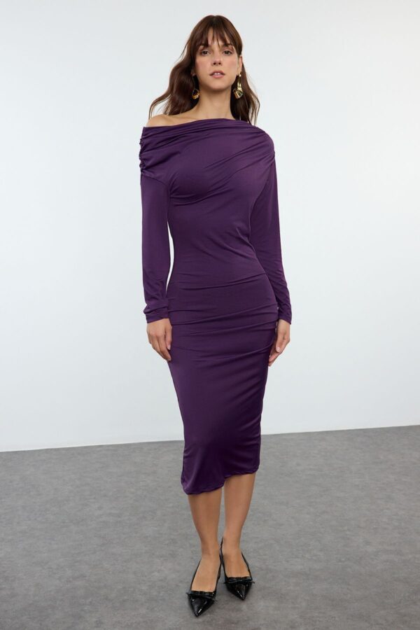 Trendyol Plum Fitted/Fits Body Asymmetrical Neck Midi Knit Dress