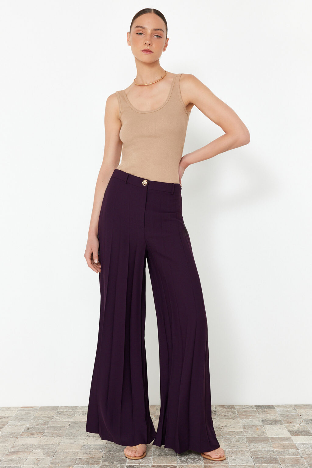 Trendyol Plum Palazzo/extra széles szárú rakott szövött nadrág