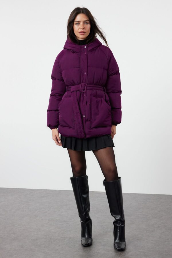 Trendyol Plum Regular Hooded Belted Water Repellent Puffer Jacket