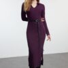 Trendyol Plum Straight Polo Neck Bodycone/Fitting Midi Knitted Dress