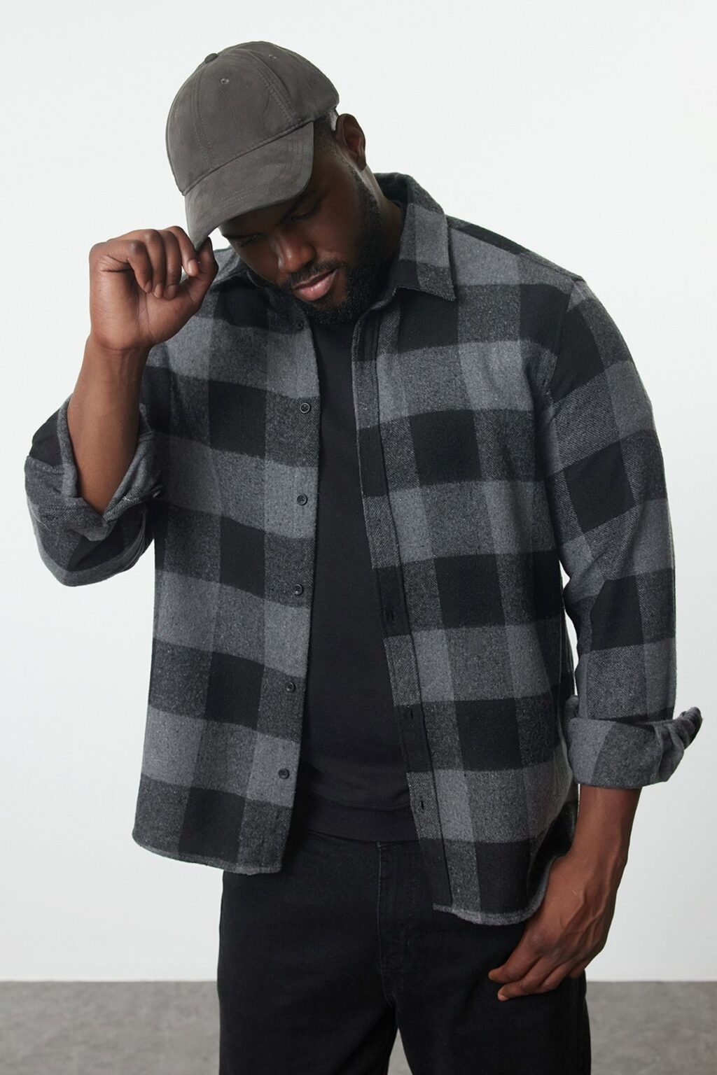 Trendyol Plus Size Regular Fit Black Winter Plaid Lumberjack Shirt