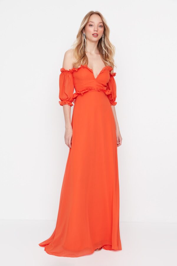Trendyol Pomegranate Flower A-Cut Lined Woven Chiffon Long Elegant Evening Dress