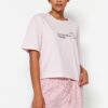 Trendyol Powder Cotton Striped Slogan Printed Shorts Knitted Pajama Set