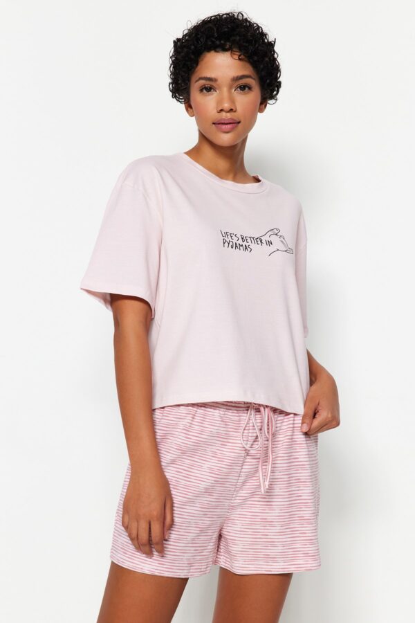 Trendyol Powder Cotton Striped Slogan Printed Shorts Knitted Pajama Set