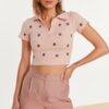 Trendyol Powder Embroidery Detailed Polo Neck Fitted Crop Knitted Blouse
