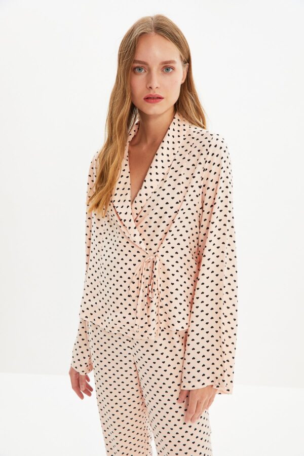 Trendyol Powder Heart Tie Detail Viscose Woven Pajama Set