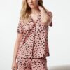 Trendyol Powder-Multicolored 100% Cotton Leopard Patterned Shorts Knitted Pajama Set