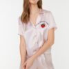 Trendyol Powder Strawberry and Slogan Embroidered Satin Shorts Woven Pajama Set