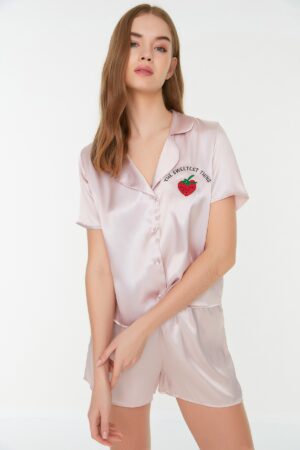 Trendyol Powder Strawberry and Slogan Embroidered Satin Shorts Woven Pajama Set