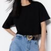 Trendyol Premium Black Relaxed Fit 100% Cotton Crop Knit T-Shirt