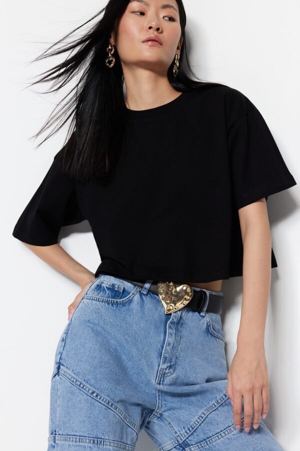 Trendyol Premium Black Relaxed Fit 100% Cotton Crop Knit T-Shirt