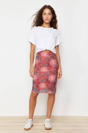 Trendyol Premium Orange Printed Tulle High Waist Lined Midi Knitted Skirt