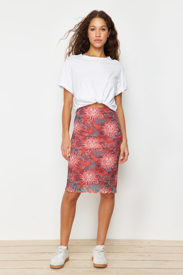 Trendyol Premium Orange Printed Tulle High Waist Lined Midi Knitted Skirt
