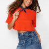 Trendyol Premium Red Relaxed Fit 100% Cotton Crop Knit T-Shirt