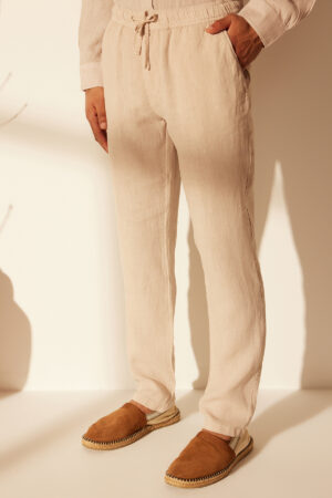 Trendyol Premium Stone 100% Linen Straight Fit Elastic Waistband Trousers