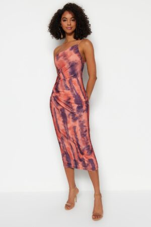 Trendyol Printed Bodycon Midi One Shoulder Adjustable Strap Knitted Pencil Dress