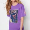 Trendyol Purple 100% Cotton Space Printed Boyfriend Fits Crew Neck Knitted T-Shirt