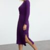 Trendyol Purple 100% Cotton Tie Detailed Body-Fitting Midi Knit Dress