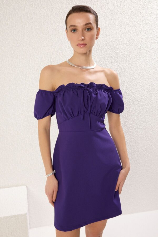 Trendyol Purple A-Line Carmen Collar Mini Woven Crepe Dress