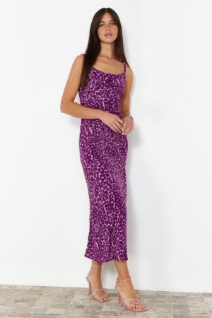 Trendyol Purple Animal Patterned Body-hugging Cowl Neck Viscose Midi Strappy Woven Midi Dress