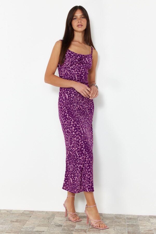 Trendyol Purple Animal Patterned Body-hugging Cowl Neck Viscose Midi Strappy Woven Midi Dress