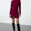 Trendyol Purple Belted A-Line High Collar Mini Woven Dress