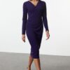 Trendyol Purple Double Breasted Collar Long Sleeve Gather Detailed Fitted Midi Knitted Dress