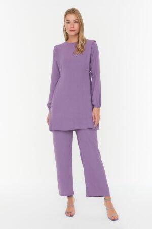 Trendyol Purple Eyelet Tie Detailed Aerobin Tunic-Pants Set