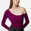 Trendyol Purple Fitted Off Shoulder Corded Cotton Stretch Knitted Blouse
