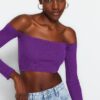 Trendyol Purple Fitted Super Crop Carmen Collar Ribbed Stretch Knitted Blouse