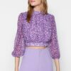 Trendyol Purple Floral Crop High Neck Woven Blouse