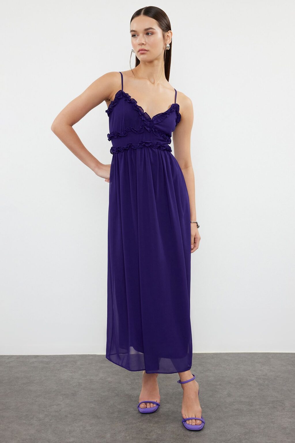 Trendyol Purple Floral Patterned A-Line Ruffle Detailed Lined Chiffon Maxi Woven Dress