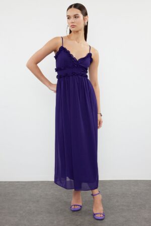 Trendyol Purple Floral Patterned A-Line Ruffle Detailed Lined Chiffon Maxi Woven Dress
