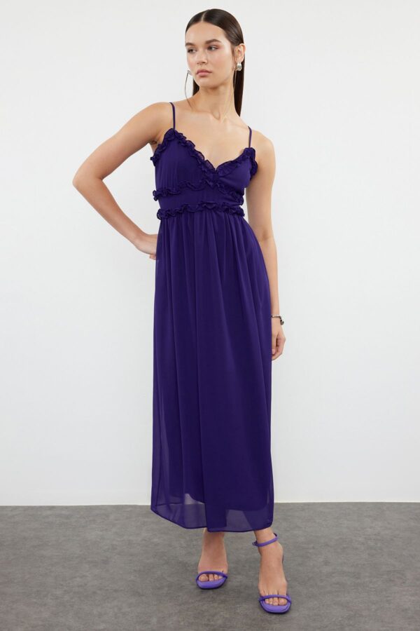 Trendyol Purple Floral Patterned A-Line Ruffle Detailed Lined Chiffon Maxi Woven Dress