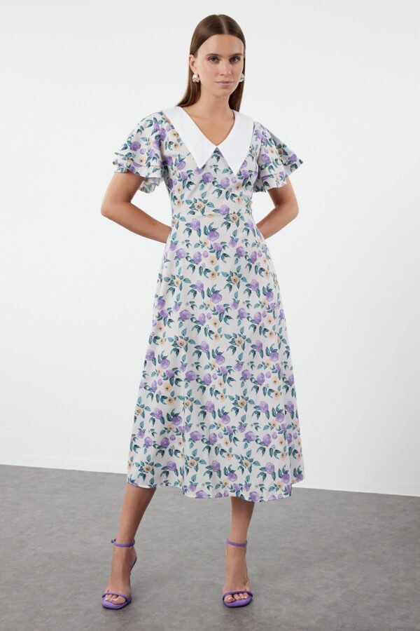 Trendyol Purple Floral Patterned Collar Detailed Midi Woven Dress
