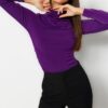 Trendyol Purple Gather Detailed High Collar Fitted/Long Sleeve Fitted Stretchy Knitted Blouse