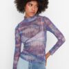 Trendyol Purple Patterned Stand-Up Collar Tulle Knitted Blouse