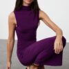 Trendyol Purple Plain Gathered Maxi Zero Sleeve Draped Bodycone/Fits Body Stretch Knit Dress