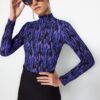 Trendyol Purple Printed Fitted High Neck Long Sleeve Sweater/Textured Knitted Blouse