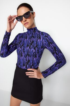 Trendyol Purple Printed Fitted High Neck Long Sleeve Sweater/Textured Knitted Blouse